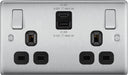 BG NBS22UAC22B Nexus Metal 13A Double Switched Power Socket + USB A+C (22W) - Brushed Steel + Black Insert - westbasedirect.com