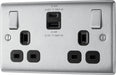 BG NBS22UAC22B Nexus Metal 13A Double Switched Power Socket + USB A+C (22W) - Brushed Steel + Black Insert - westbasedirect.com