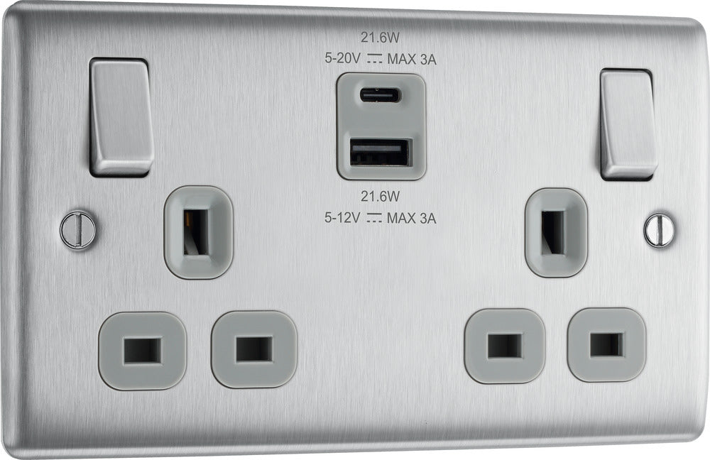 BG NBS22UAC22G Nexus Metal 13A Double Switched Power Socket + USB A+C (22W) - Brushed Steel + Grey Insert - westbasedirect.com