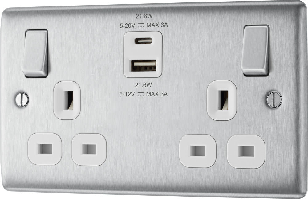 BG NBS22UAC22W Nexus Metal 13A Double Switched Power Socket + USB A+C (22W) - Brushed Steel + White Insert - westbasedirect.com