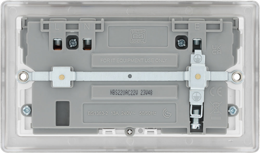 BG NBS22UAC22W Nexus Metal 13A Double Switched Power Socket + USB A+C (22W) - Brushed Steel + White Insert - westbasedirect.com