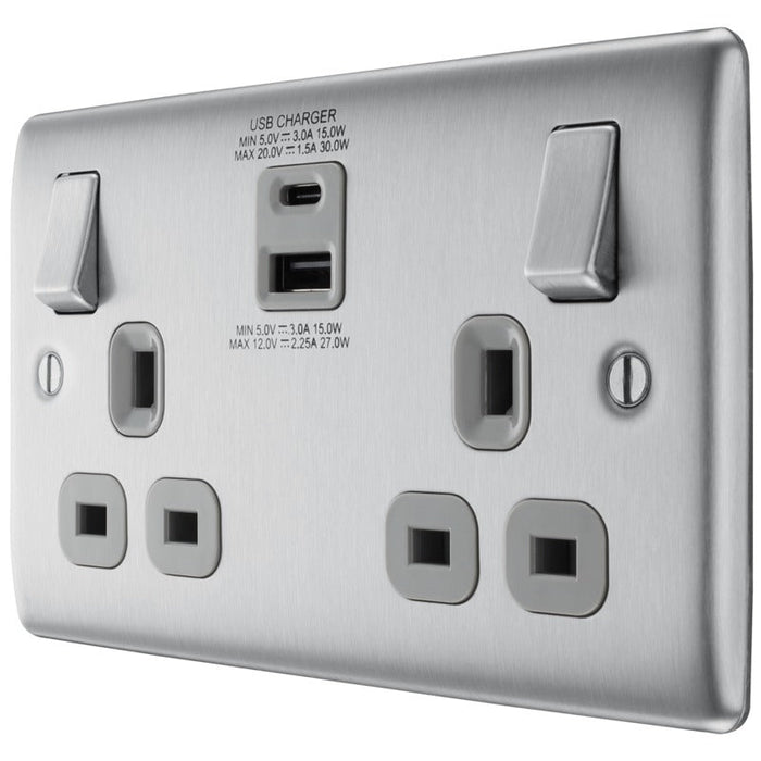 BG NBS22UAC30G Nexus Metal 13A Double Socket + USB A+C (30W) - Grey Insert - Brushed Steel - westbasedirect.com