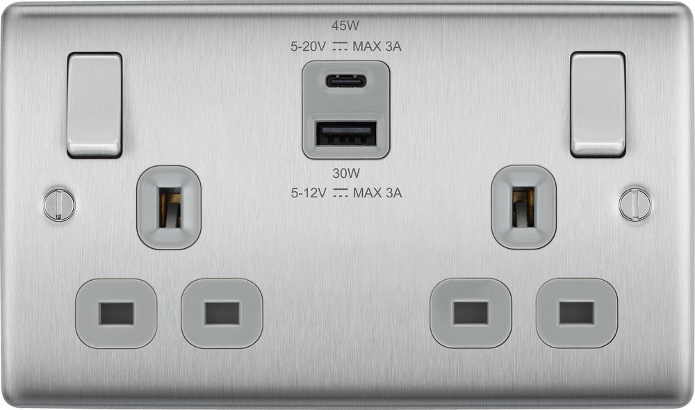 BG NBS22UAC45G Nexus Metal 13A Double Switched Power Socket + USB A+C (45W) - Brushed Steel + Grey Insert - westbasedirect.com