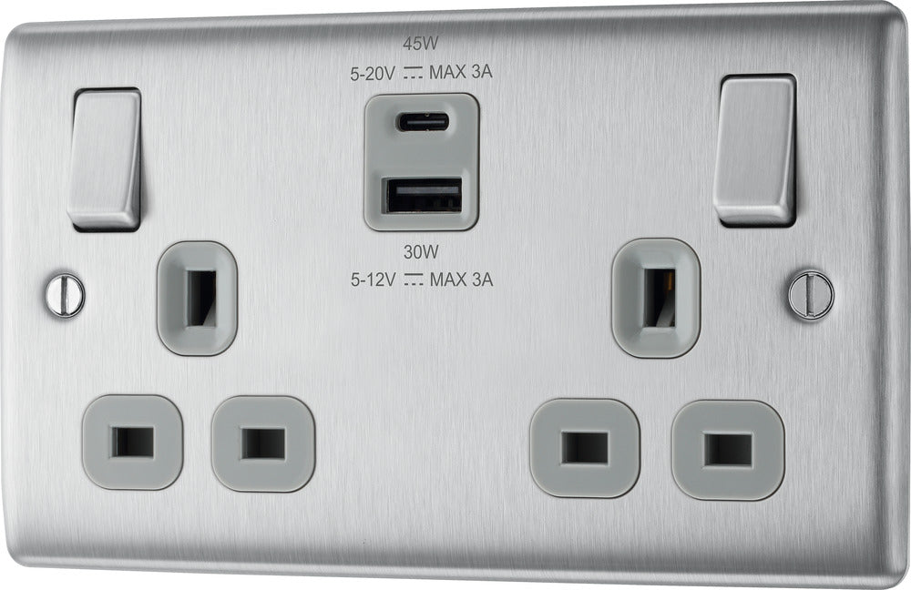 BG NBS22UAC45G Nexus Metal 13A Double Switched Power Socket + USB A+C (45W) - Brushed Steel + Grey Insert - westbasedirect.com