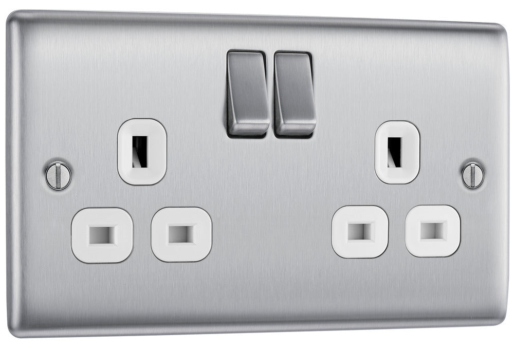 BG NBS22W Nexus Metal Double Socket 13A - White Insert - Brushed Steel (5 Pack) - westbasedirect.com