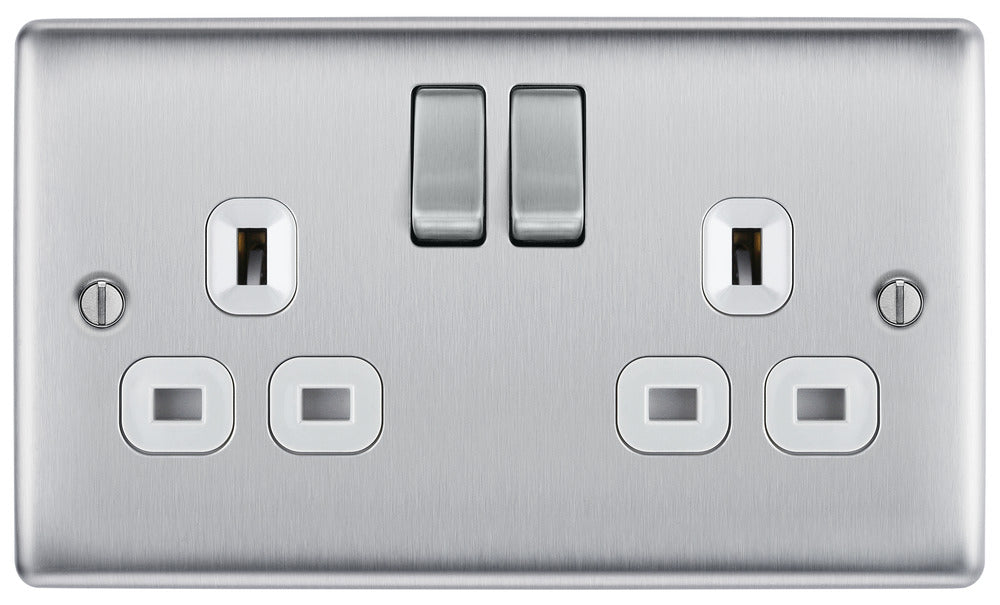 BG NBS22W Nexus Metal Double Socket 13A - White Insert - Brushed Steel (5 Pack) - westbasedirect.com