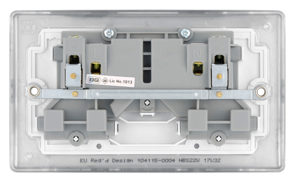 BG NBS22W Nexus Metal Double Socket 13A - White Insert - Brushed Steel (5 Pack) - westbasedirect.com