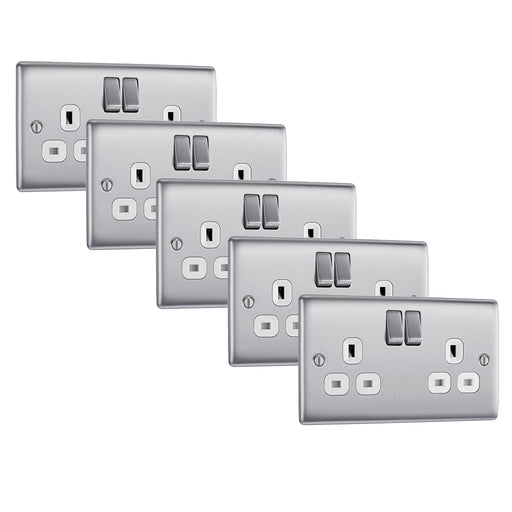 BG NBS22W Nexus Metal Double Socket 13A - White Insert - Brushed Steel (5 Pack) - westbasedirect.com