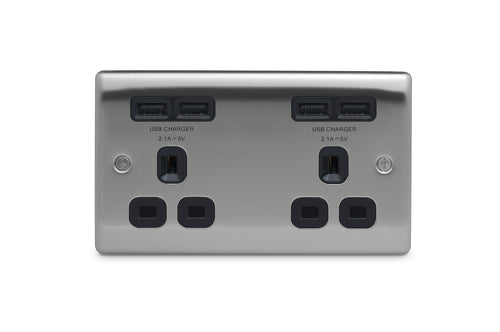 BG NBS24U44B Nexus Metal Double Socket + 4x USB /Black Insert - Brushed Steel - westbasedirect.com