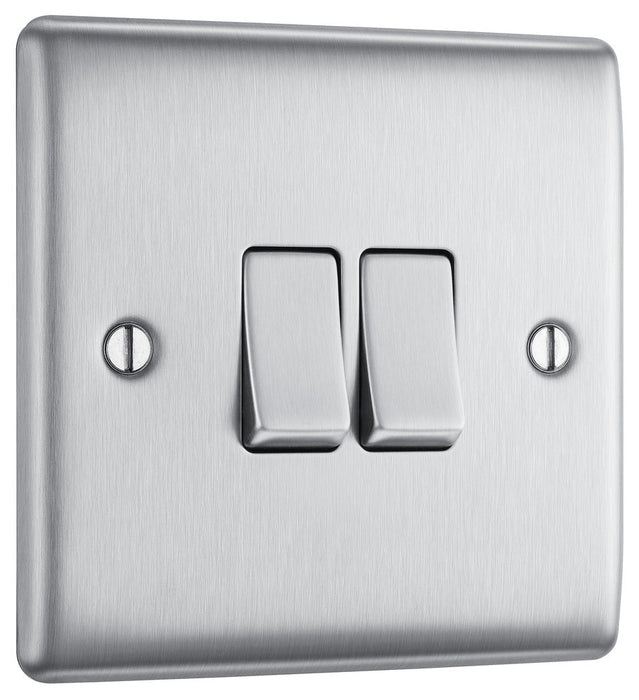 BG NBS42 Nexus Metal Double Light Switch 10A - Brushed Steel (5 Pack) - westbasedirect.com