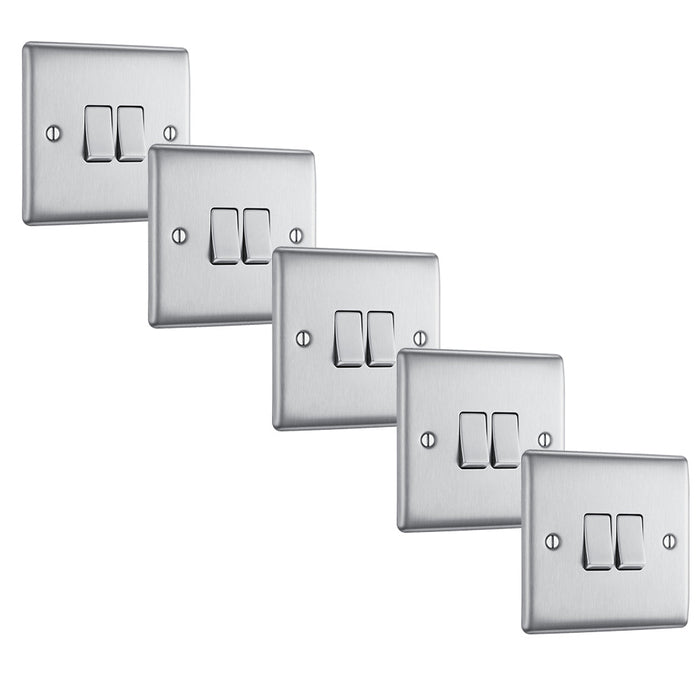 BG NBS42 Nexus Metal Double Light Switch 10A - Brushed Steel (5 Pack) - westbasedirect.com