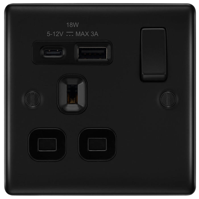 BG NFB21UAC18B Nexus Metal 13A Single Switched Power Socket + USB A+C (18W) - Matt Black + Black Insert