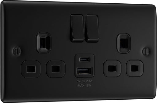 BG NFB22UAC12B Nexus Metal 13A Double Switched Power Socket + USB A+C (12W) - Matt Black + Black Insert - westbasedirect.com