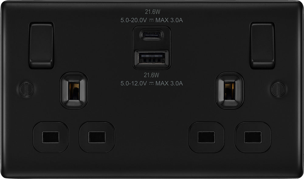 BG NFB22UAC22B Nexus Metal 13A Double Switched Power Socket + USB A+C (22W) - Matt Black + Black Insert - westbasedirect.com