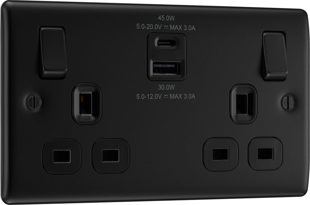 BG NFB22UAC45B Nexus Metal Double Socket + 2xUSB A+C(45W) - Black Insert - Matt Black + Black Rocker - westbasedirect.com