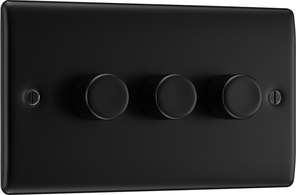 BG NFB83 Nexus Metal 2-Way Triple Trailing Edge Dimmer Push On/Off - Matt Black + Black Knobs - westbasedirect.com