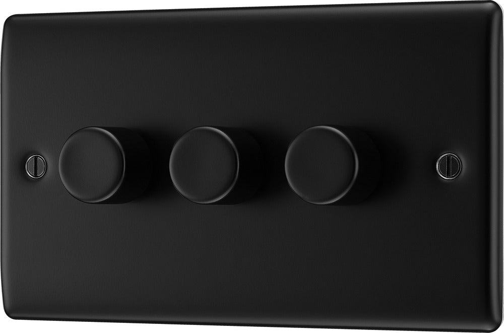 BG NFB83 Nexus Metal 2-Way Triple Trailing Edge Dimmer Push On/Off - Matt Black + Black Knobs - westbasedirect.com