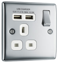 BG NPC21U2W Nexus Metal Single Socket + 2x USB - White Insert - Polished Chrome