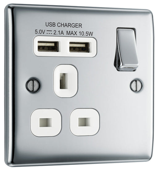 BG NPC21U2W Nexus Metal Single Socket + 2x USB - White Insert - Polished Chrome - westbasedirect.com