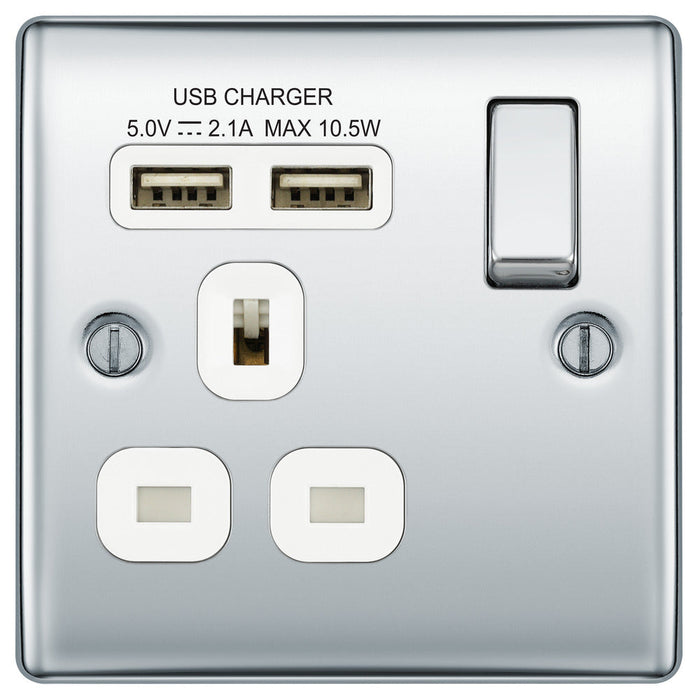 BG NPC21U2W Nexus Metal Single Socket + 2x USB - White Insert - Polished Chrome - westbasedirect.com