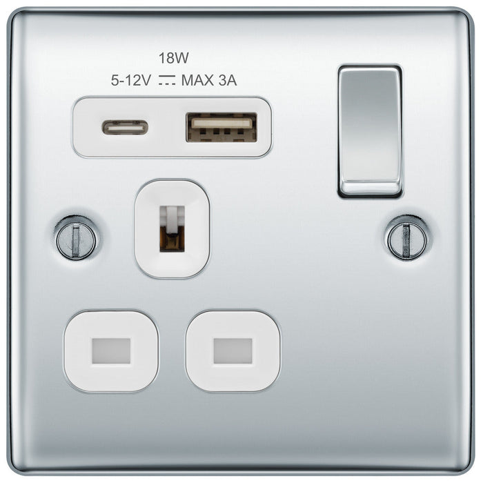 BG NPC21UAC18W Nexus Metal 13A Single Switched Power Socket + USB A+C (18W) - Polished Chrome + White Insert