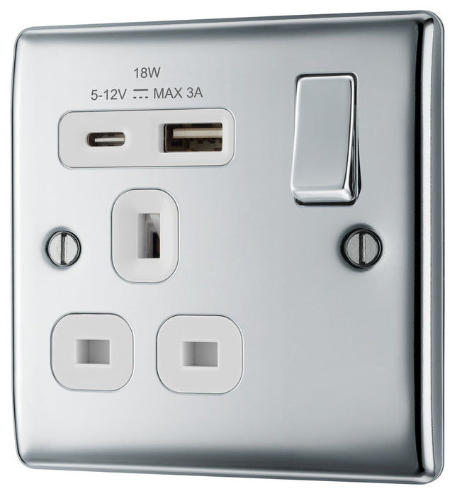 BG NPC21UAC18W Nexus Metal 13A Single Switched Power Socket + USB A+C (18W) - Polished Chrome + White Insert