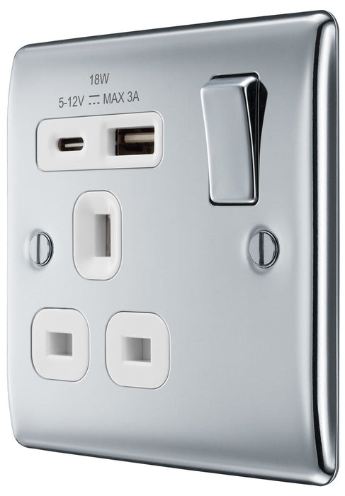 BG NPC21UAC18W Nexus Metal 13A Single Switched Power Socket + USB A+C (18W) - Polished Chrome + White Insert