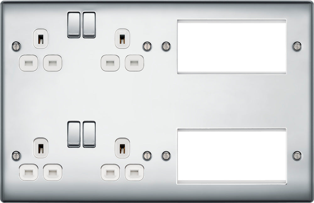 BG NPC222EM8W Nexus Metal 2x 2G Socket 13A + 2x 4 Module Aperture - White Insert - Polished Chrome - westbasedirect.com