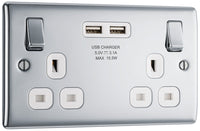 BG NPC22U3W Nexus Metal Double Socket + 2x USB - White Insert - Polished Chrome