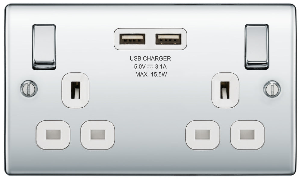 BG NPC22U3W Nexus Metal Double Socket + 2x USB - White Insert - Polished Chrome (10 Pack) - westbasedirect.com