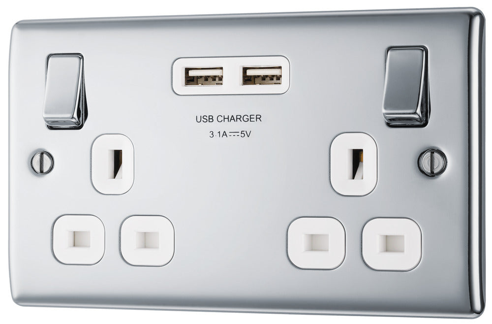 BG NPC22U3W Nexus Metal Double Socket + 2x USB - White Insert - Polished Chrome - westbasedirect.com