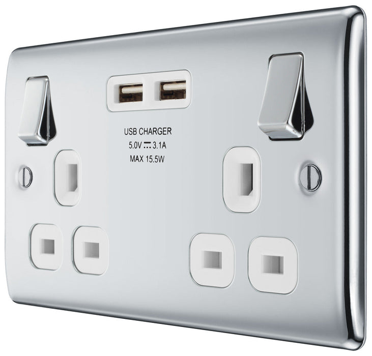 BG NPC22U3W Nexus Metal Double Socket + 2x USB - White Insert - Polished Chrome (10 Pack) - westbasedirect.com