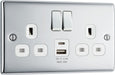 BG NPC22UAC12W Nexus Metal 13A Double Switched Power Socket + USB A+C (12W) - Polished Chrome + White Insert - westbasedirect.com