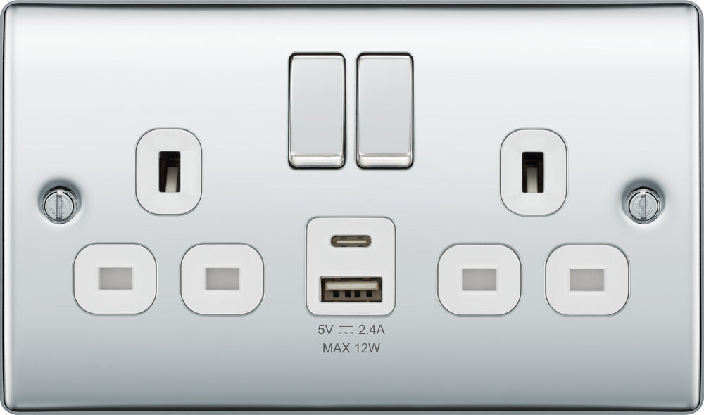 BG NPC22UAC12W Nexus Metal 13A Double Switched Power Socket + USB A+C (12W) - Polished Chrome + White Insert - westbasedirect.com