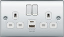 BG NPC22UAC12W Nexus Metal 13A Double Switched Power Socket + USB A+C (12W) - Polished Chrome + White Insert - westbasedirect.com