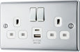 BG NPC22UAC12W Nexus Metal 13A Double Switched Power Socket + USB A+C (12W) - Polished Chrome + White Insert - westbasedirect.com