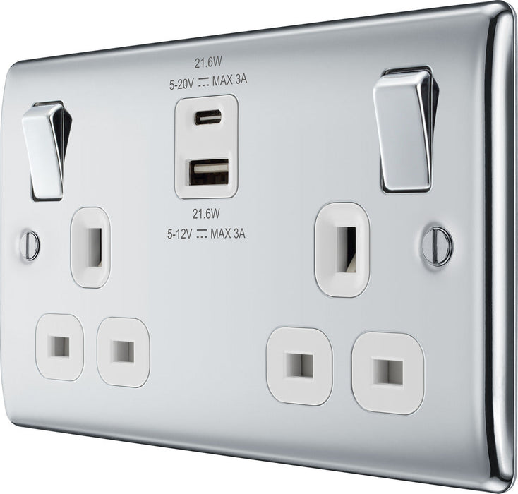 BG NPC22UAC22W Nexus Metal 13A Double Switched Power Socket + USB A+C (22W) - Polished Chrome + White Insert - westbasedirect.com