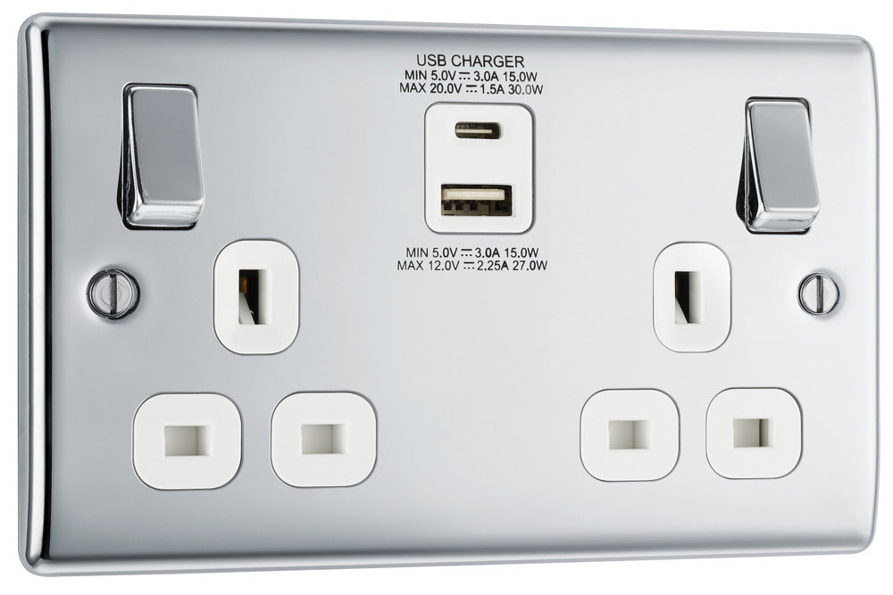 BG NPC22UAC30W Nexus Metal 13A Double Socket + USB A+C (30W) - White Insert - Polished Chrome - westbasedirect.com