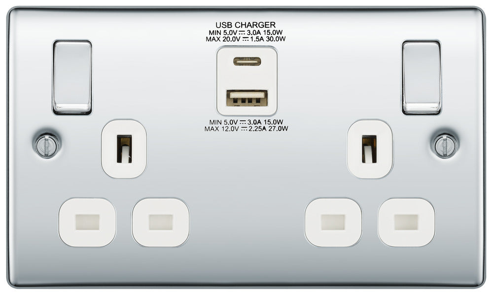 BG NPC22UAC30W Nexus Metal 13A Double Socket + USB A+C (30W) - White Insert - Polished Chrome - westbasedirect.com