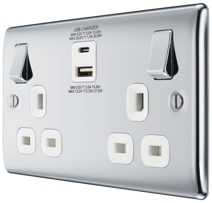 BG NPC22UAC30W Nexus Metal 13A Double Socket + USB A+C (30W) - White Insert - Polished Chrome - westbasedirect.com