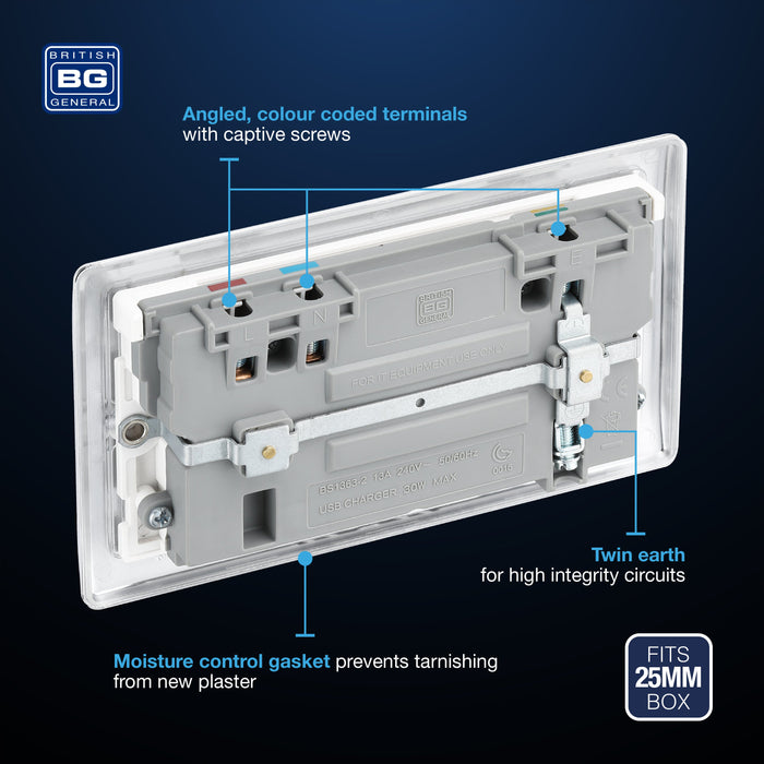 BG NPC22UAC30W Nexus Metal 13A Double Socket + USB A+C (30W) - White Insert - Polished Chrome - westbasedirect.com