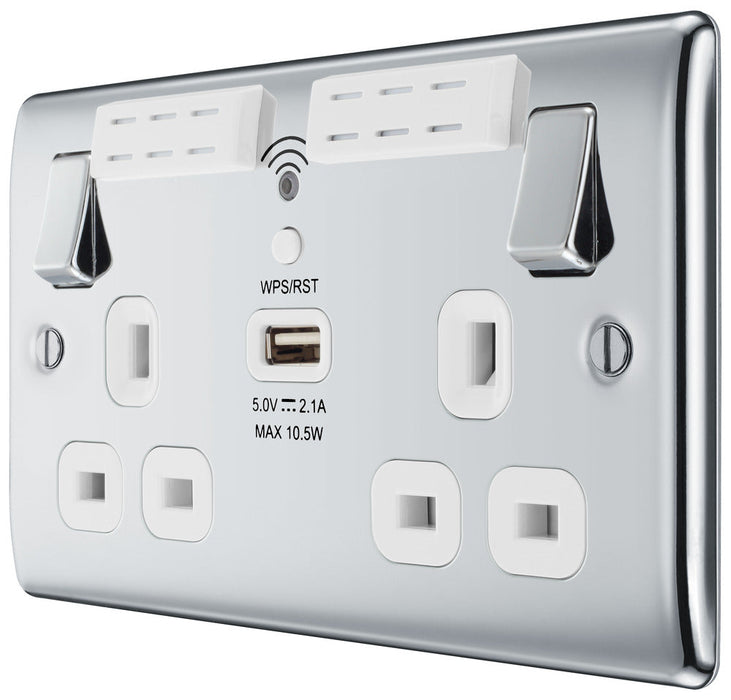 BG NPC22UWRW Nexus Metal Double Socket 13A + Wifi Extender +1x USB(2.1A) - White Insert - Polished Chrome - westbasedirect.com