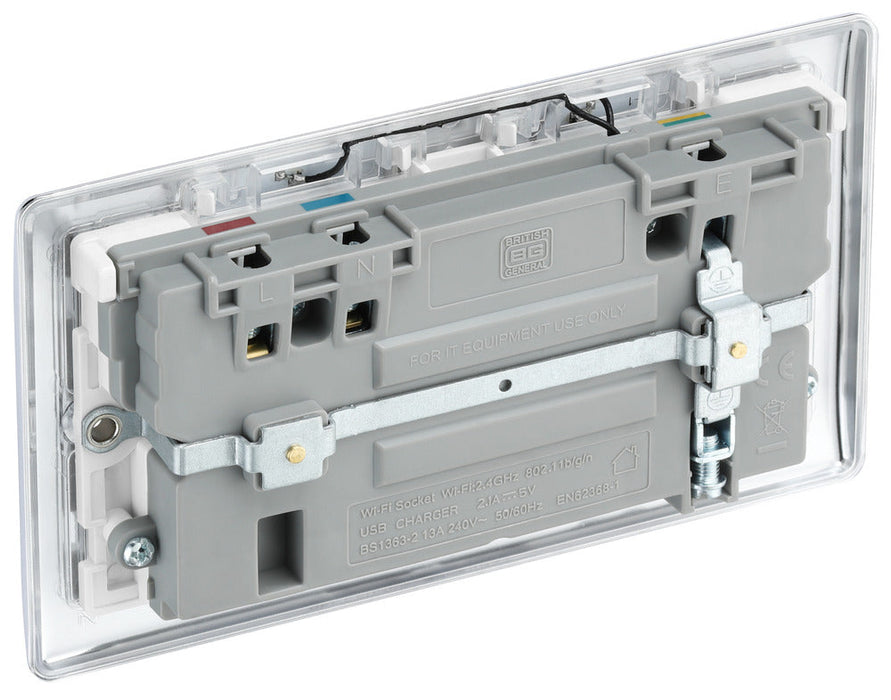 BG NPC22UWRW Nexus Metal Double Socket 13A + Wifi Extender +1x USB(2.1A) - White Insert - Polished Chrome - westbasedirect.com