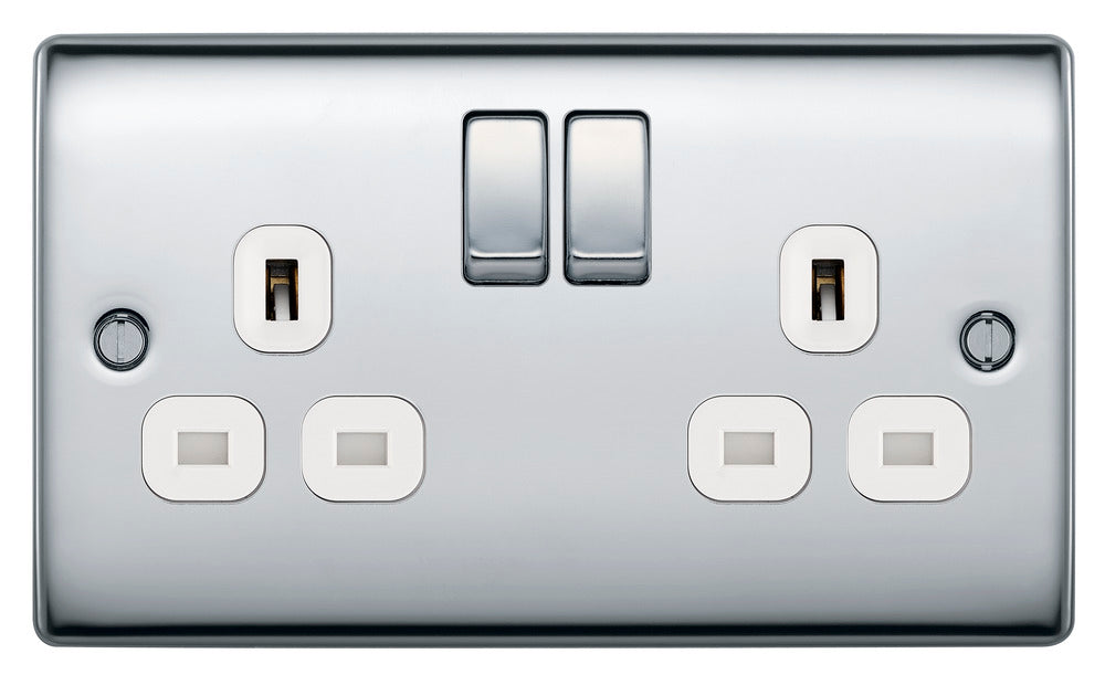 BG NPC22W Nexus Metal Double Socket 13A - White Insert - Polished Chrome (10 Pack) - westbasedirect.com