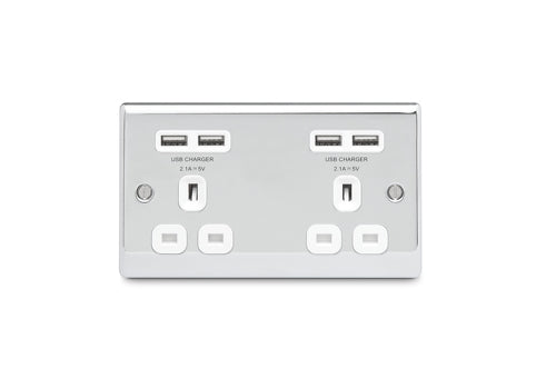 BG NPC24U44W Nexus Metal Double Socket + 4x USB Unswitched - White Insert - Polished Chrome - westbasedirect.com