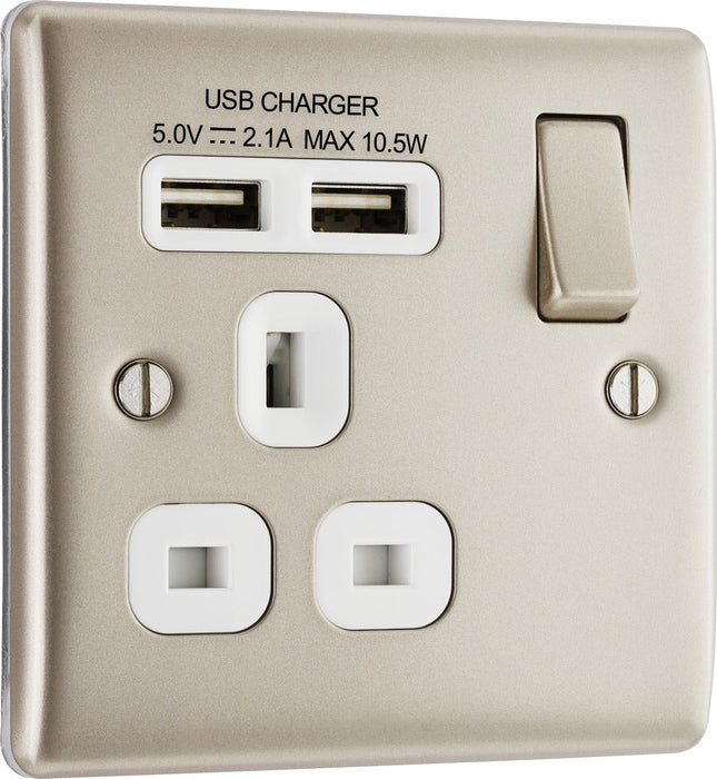 BG NPR21UW Nexus Metal Single Socket + 2x USB /White Insert - Pearl Nickel - westbasedirect.com