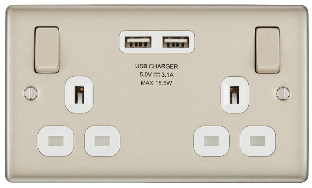 BG NPR22U3W Nexus Metal Double Socket + 2x USB /White Insert - Pearl Nickel - westbasedirect.com