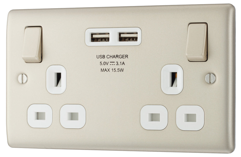 BG NPR22U3W Nexus Metal Double Socket + 2x USB /White Insert - Pearl Nickel - westbasedirect.com