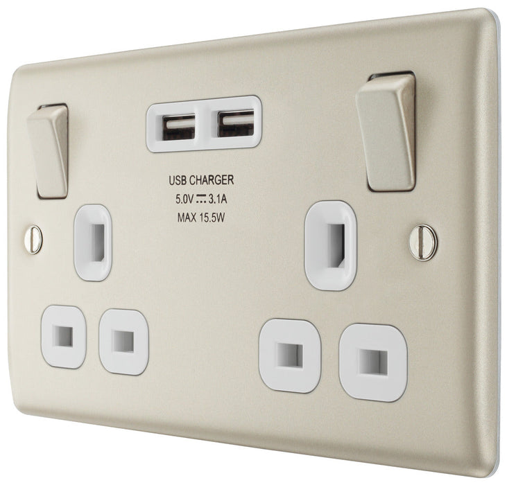 BG NPR22U3W Nexus Metal Double Socket + 2x USB /White Insert - Pearl Nickel - westbasedirect.com