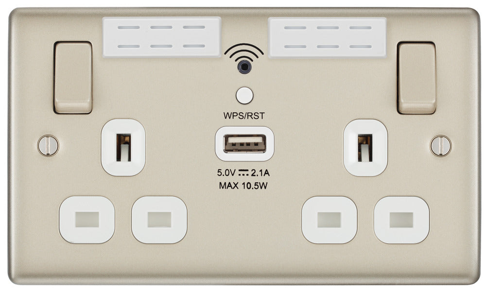 BG NPR22UWRW Nexus Metal Double Socket 13A + Wifi Extender +1x USB(2.1A) - White Insert - Pearl Nickel - westbasedirect.com